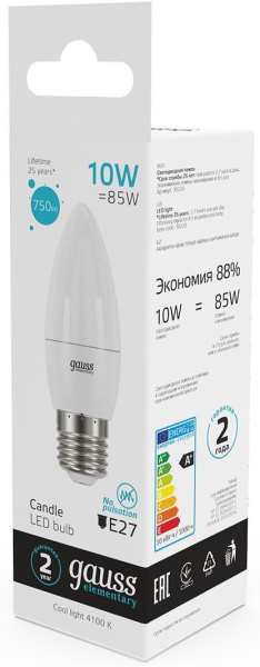 Лампа светодиодная Gauss Elementary 30220 10Вт цок.:E27 свеча 220B 4100K св.свеч.бел.нейт. (упак.:10шт)