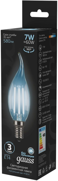 Лампа филам. Gauss Filament 7Вт цок.:E14 свеча 220B 4100K св.свеч.бел.нейт. CF35 (упак.:1шт) (104801207)