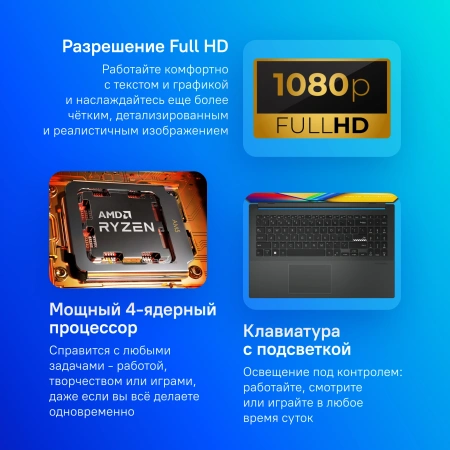 Ноутбук Asus VivoBook E1504FA-BQ038W Ryzen 5 7520U 8Gb SSD512Gb AMD Radeon 610M 15.6" IPS FHD (1920x1080) Windows 11 Home black WiFi BT Cam (90NB0ZR2-M00L50)