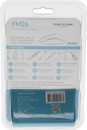 Мышь A4Tech Fstyler FM26 серебристый/белый оптическая (1600dpi) USB для ноутбука (4but)