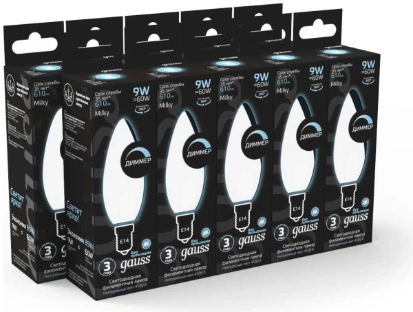 Лампа светодиодная Gauss Filament 103201209-D 9Вт цок.:E14 свеча 220B св.свеч.бел.нейт. (упак.:10шт)