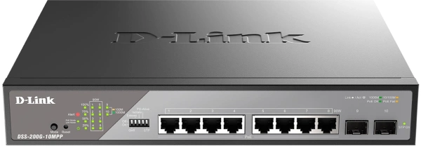 Коммутатор D-Link DSS-200G-10MPP/A1A (L2) 8x1Гбит/с 2SFP 8PoE++ 242W настраиваемый