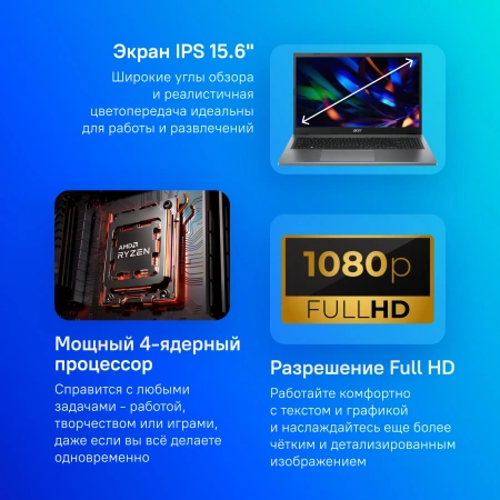 Ноутбук Acer Extensa 15 EX215-23 Ryzen 3 7320U 8Gb SSD256Gb AMD Radeon 15.6" IPS FHD (1920x1080) noOS grey WiFi BT Cam 4500mAh (NX.EH3CD.008)