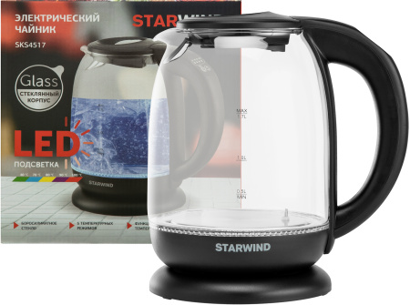 Чайник электрический Starwind SKS4517 1.7л. 2200Вт черный (корпус: стекло)