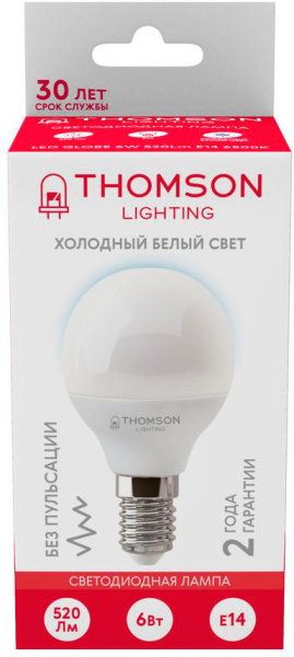 Лампа светодиодная Thomson TH-B2315 6Вт цок.:E14 шар 220B 6500K св.свеч.бел.хол. Globe (упак.:1шт)