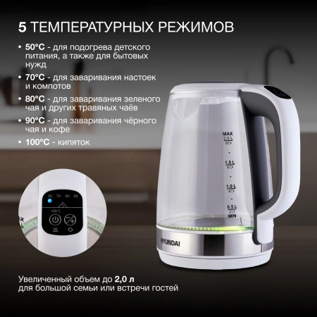 Чайник Hyundai HYK-G8880 2л. 2200Вт серый/серебристый (стекло)