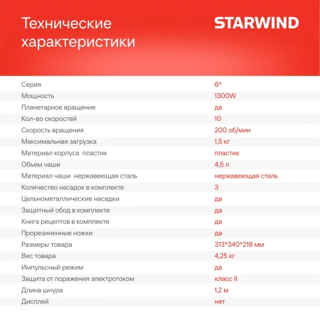 Миксер планетарный Starwind SPM6162 1300Вт лавандовый