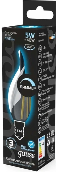 Лампа филам. Gauss Filament 5Вт цок.:E14 свеча 220B 4100K св.свеч.бел.нейт. (упак.:1шт) (104801205-D)