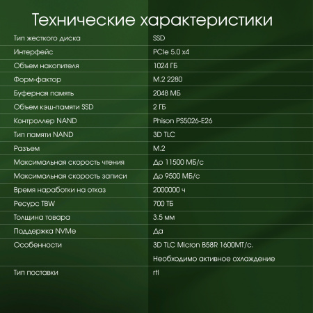 Накопитель SSD Digma Pro PCIe 5.0 x4 1000GB DGPST5001TP6T4 Top P6 M.2 2280
