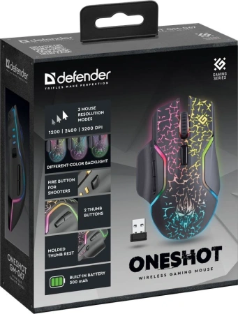 Мышь Defender Oneshot GM-067 черный оптическая 3200dpi беспров. USB 6but (52067)