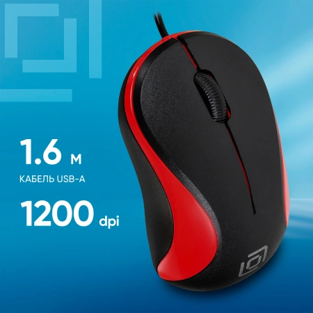 Мышь Оклик 115S черный/красный оптическая (1200dpi) USB для ноутбука (3but)