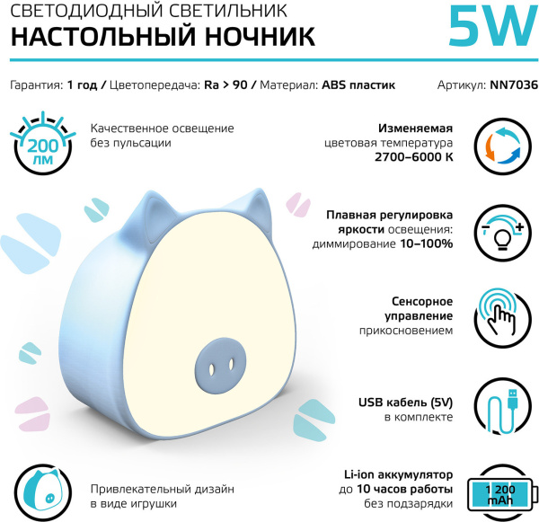 Ночник Gauss NN7036 поросенок голубой