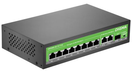 Коммутатор Digma DSP208G-2G-1S-T120 10x1Гбит/с 1SFP 8PoE 8PoE+ 120W неуправляемый
