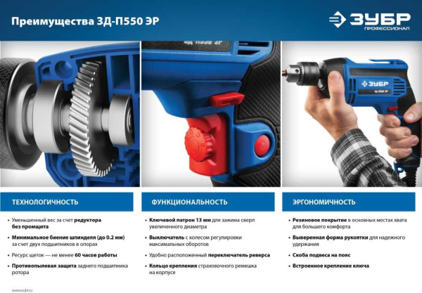 Дрель безударная Зубр ЗД-П550 ЭР 550Вт ключевой реверс