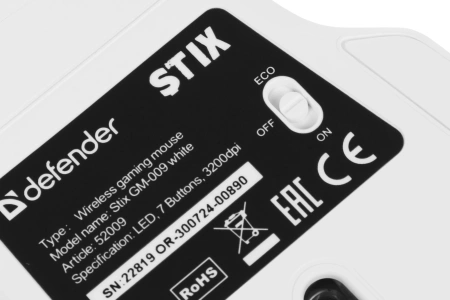 Мышь Defender Stix GM-009 белый оптическая 3200dpi беспров. USB-C 6but (52009)