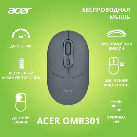 Мышь Acer OMR301 черный оптическая 1600dpi беспров. BT/Radio USB 4but (ZL.MCECC.01T)