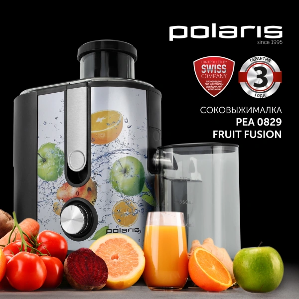 Соковыжималка центробежная Polaris PEA 0829 800Вт рез.сок.:350мл. серебристый/рисунок