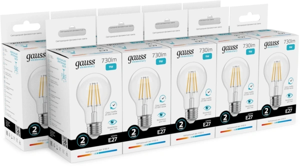 Лампа филам. Gauss Filament 9Вт цок.:E27 груша 220B св.свеч.бел.нейт. (упак.:10шт) (22229)