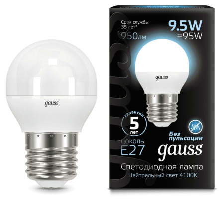 Лампа светодиодная Gauss 9.5Вт цок.:E27 шар 220B 4100K св.свеч.бел.нейт. P45 (упак.:10шт) (105102210)