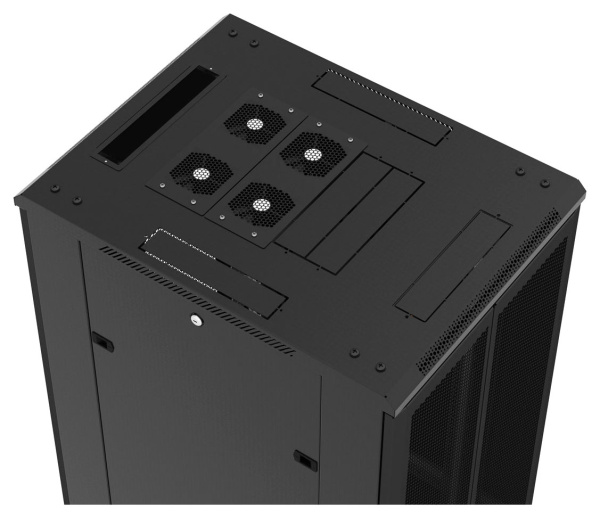 Шкаф коммутационный Hyperline (TTB-2266-AS-RAL9004) напольный 22U 600x600мм пер.дв.стекл задн.дв.спл.стал.лист 2 бок.пан. 800кг черный 510мм 1166мм IP20 сталь