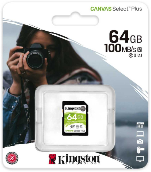 Флеш карта SDXC 64Gb Class10 Kingston SDS2/64GB Canvas Select Plus w/o adapter