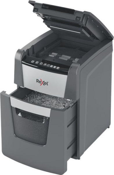 Шредер Rexel Optimum AutoFeed 100X черный с автоподачей (секр.P-4) фрагменты 100лист. 34лтр. скрепки скобы пл.карты