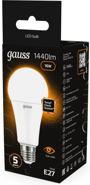 Лампа светодиодная Gauss A60 16Вт цок.:E27 груша 220B 3000K св.свеч.бел.теп. (упак.:1шт) (102502116)
