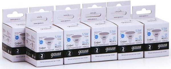 Лампа светодиодная Gauss Elementary MR16 5.5Вт цок.:GU5.3 спот 220B 4100K св.свеч.бел.нейт. (упак.:10шт) (13526)