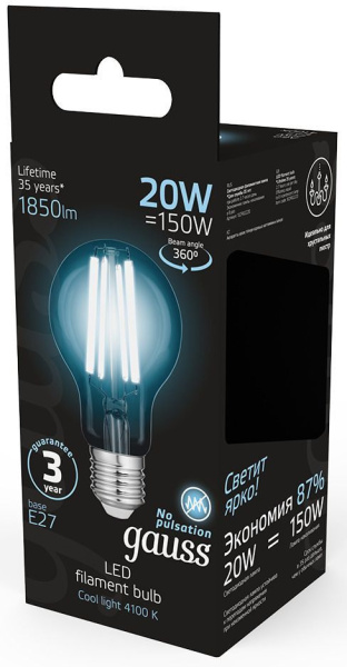 Лампа светодиодная Gauss Filament 102902220 20Вт цок.:E27 груша 220B 4100K св.свеч.бел.нейт. (упак.:1шт)