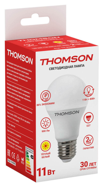 Лампа светодиодная Thomson TH-B2005 11Вт цок.:E27 груша 220B 3000K св.свеч.бел.теп. A (упак.:1шт)