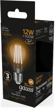 Лампа светодиодная Gauss Filament 102902112 12Вт цок.:E27 груша 185B св.свеч.бел.теп. грушевидная (упак.:10шт)