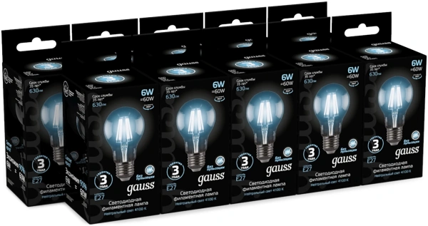 Лампа филам. Gauss Filament A60 6Вт цок.:E27 груша 220B св.свеч.бел.нейт. (упак.:10шт) (102802206)