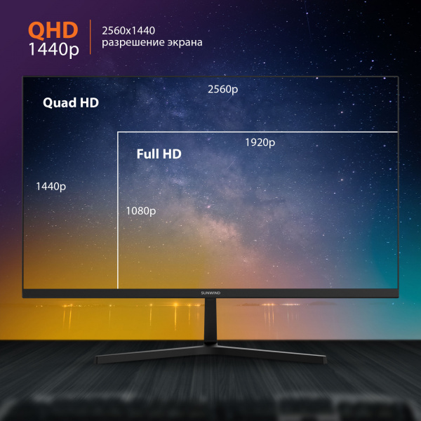 Монитор SunWind 27" SM-27QI201 черный IPS LED 16:9 HDMI M/M матовая 300cd 178гр/178гр 2560x1440 75Hz G-Sync DP 2K 4.3кг