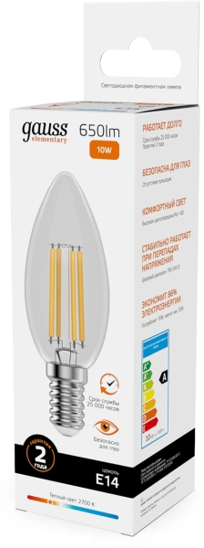 Лампа филам. Gauss Filament 10Вт цок.:E14 свеча 220B св.свеч.бел.теп. (упак.:10шт) (32110)