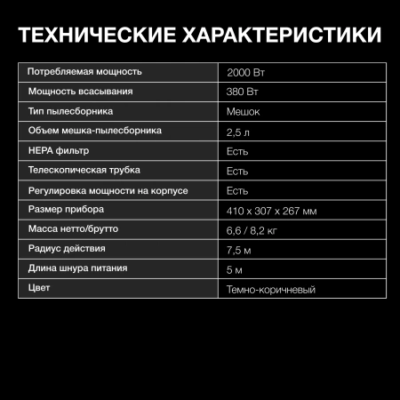 Пылесос Hyundai HYV-B4055 2000Вт темно-коричневый/черный (в компл.:1мешок)