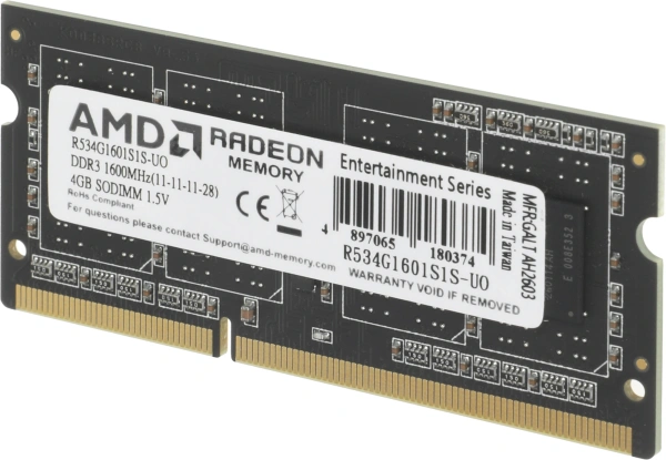 Память DDR3 4Gb 1600MHz AMD R534G1601S1S-UO OEM PC3-12800 CL11 SO-DIMM 204-pin 1.5В OEM
