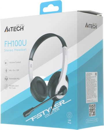 Наушники с микрофоном A4Tech Fstyler FH100U белый/черный 2м накладные USB оголовье (FH100U (PANDA))