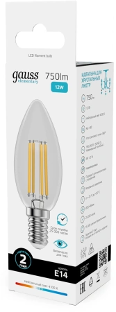 Лампа филам. Gauss Filament 12Вт цок.:E14 свеча 220B св.свеч.бел.нейт. (упак.:10шт) (32122)