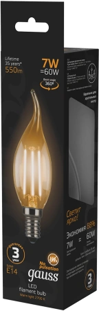 Лампа светодиодная Gauss Filament 7Вт цок.:E14 свеча 220B св.свеч.бел.теп. CF35 (упак.:10шт) (104801107)