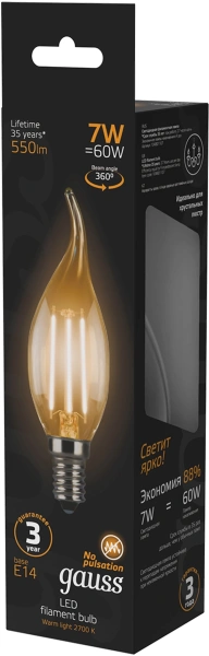 Лампа светодиодная Gauss Filament 7Вт цок.:E14 свеча 220B св.свеч.бел.теп. CF35 (упак.:10шт) (104801107)