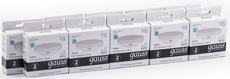 Лампа светодиодная Gauss Elementary GX53 6Вт цок.:GX53 таблетка 220B 4100K св.свеч.бел.нейт. (упак.:10шт) (83826)