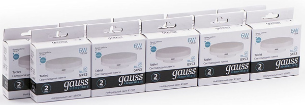 Лампа светодиодная Gauss Elementary GX53 6Вт цок.:GX53 таблетка 220B 4100K св.свеч.бел.нейт. (упак.:10шт) (83826)