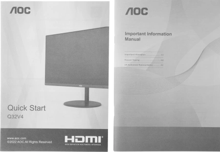 Монитор AOC 31.5" Value Line Q32V4 черный IPS LED 4ms 16:9 HDMI M/M матовая 250cd 178гр/178гр 2560x1440 75Hz DP 2K 6.8кг