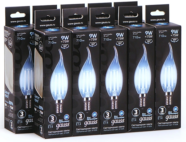 Лампа светодиодная Gauss Filament 9Вт цок.:E14 (упак.:10шт) свеча 220B св.свеч.бел.нейт. CF35 (10480