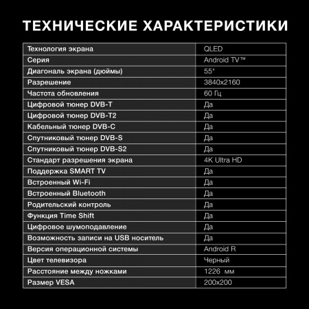 Телевизор QLED Hyundai 55" H-LED55QBU7500 Android TV Frameless черный 4K Ultra HD 60Hz DVB-T DVB-T2 DVB-C DVB-S DVB-S2 USB WiFi Smart TV