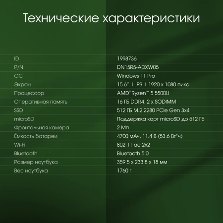 Ноутбук Digma Pro Sprint N Ryzen 5 5500U/16Gb/SSD512Gb/15.6"/IPS/FHD/W11Pro/dk.grey/4700mAh