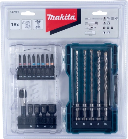 Набор бит и сверл Makita E-07026 по бет/кирп (18пред.) для шуруповертов/дрелей