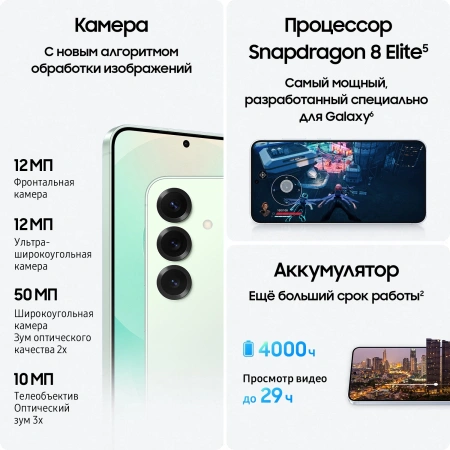 Смартфон Samsung SM-S931B Galaxy S25 256Gb 12Gb мятный моноблок 3G 4G 2Sim 6.2" 1080x2340 Android 15 50Mpix 802.11 a/b/g/n/ac/ax/be NFC GPS GSM900/1800 GSM1900 TouchSc Protect