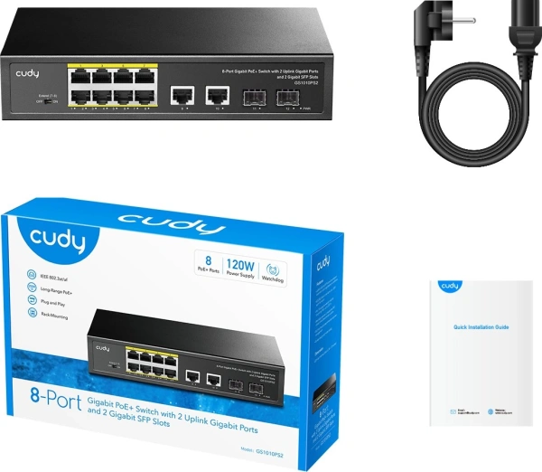 Коммутатор Cudy GS1010PS2 (L2) 10x1Гбит/с 2xКомбо(1000BASE-T/SFP) 2SFP 8PoE 120W неуправляемый