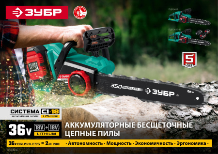 Электрическая цепная пила Зубр ПЦЛ-3635-42 дл.шины:14" (35cm) 2аккум. 4Ач ЗУ